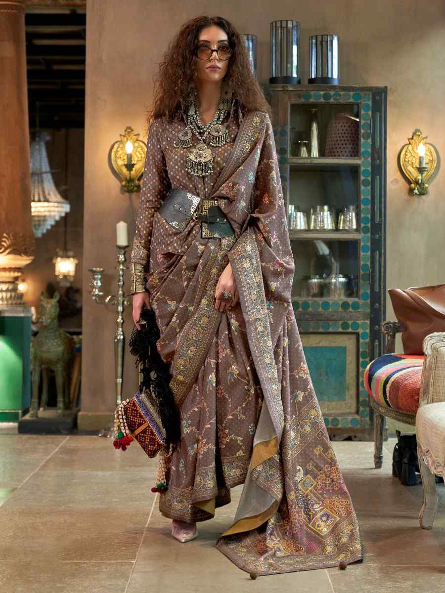 Brown Silk Printed Festival Casual Wedding Cocktail Party Fancy Classic Heavy Border Saree