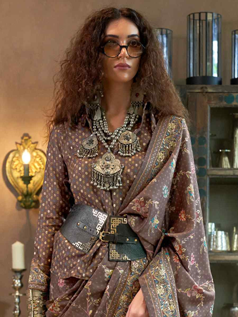 Brown Silk Printed Festival Casual Wedding Cocktail Party Fancy Classic Heavy Border Saree