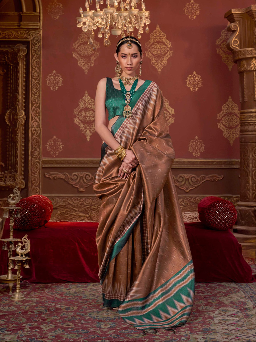Brown Silk Printed Party Reception Casual Wedding Contemporary Sarees