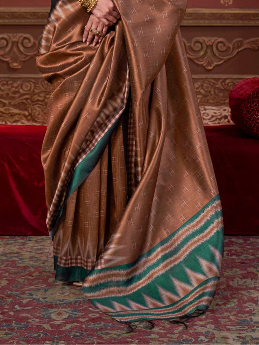 Brown Silk Printed Party Reception Casual Wedding Contemporary Sarees