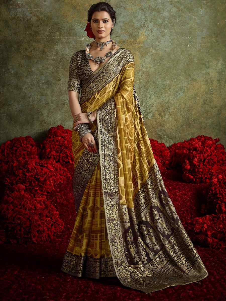 Brown Silk Printed with Handwoven Festival Wedding Fancy Heavy Border Saree