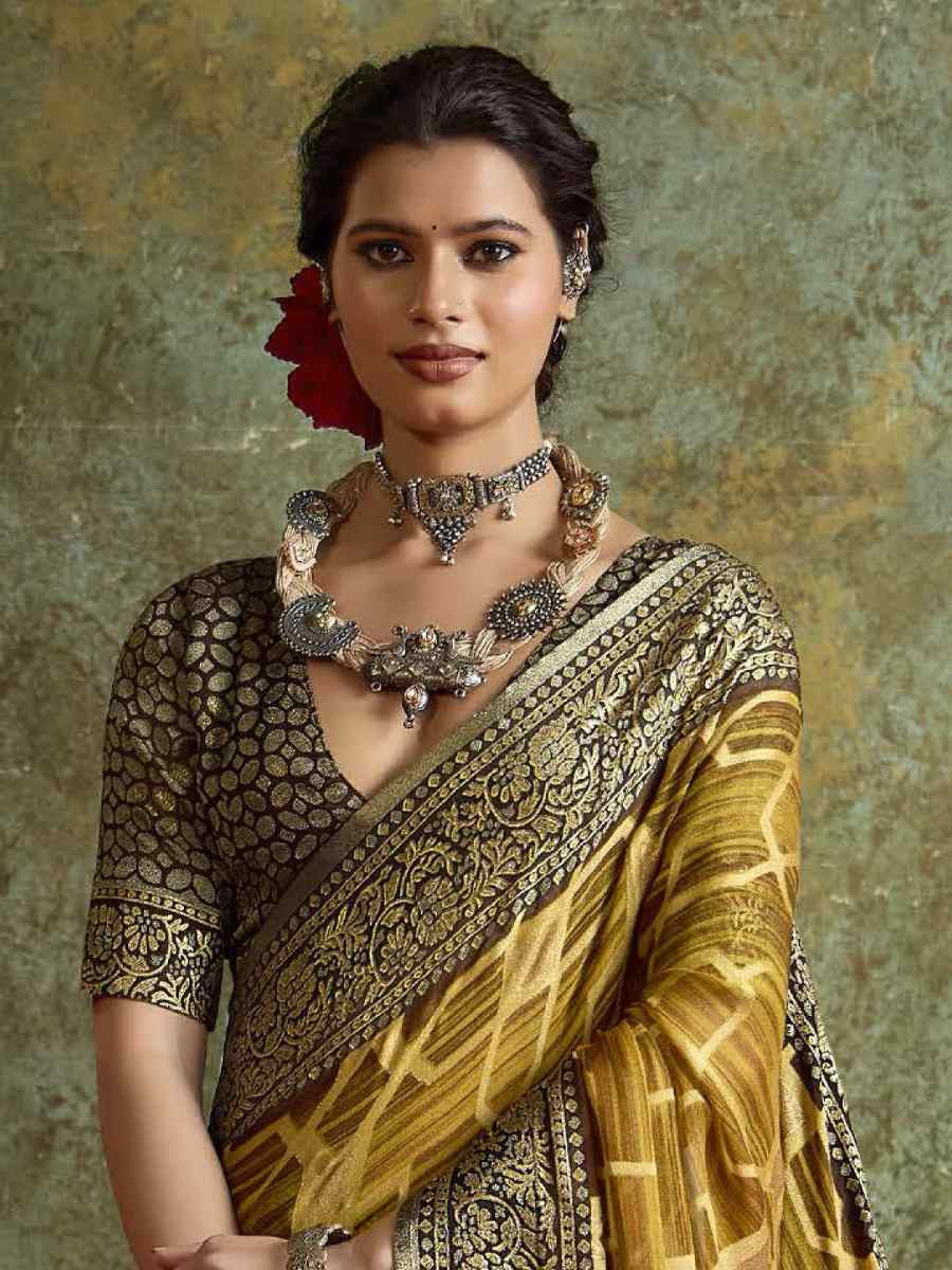 Brown Silk Printed with Handwoven Festival Wedding Fancy Heavy Border Saree