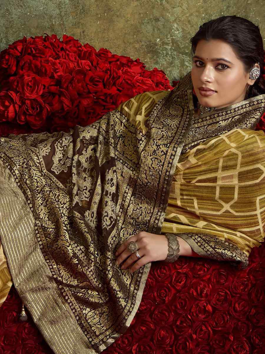 Brown Silk Printed with Handwoven Festival Wedding Fancy Heavy Border Saree
