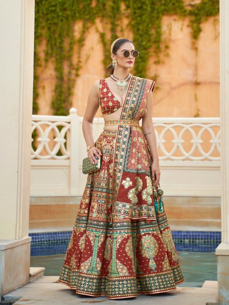 Brown Smooth Rajvadi Silk Embroidered Bridal Wedding Heavy Border Lehenga Choli