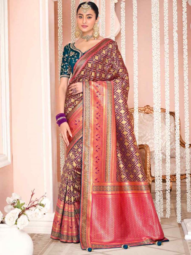 Brown Soft Banarasi Silk Embroidered Wedding Festival Heavy Border Saree