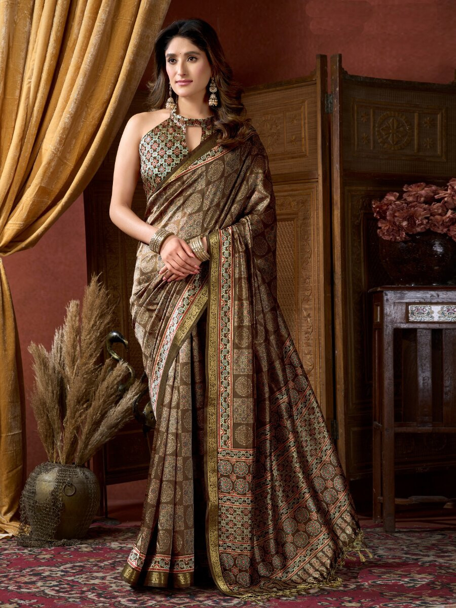 Brown Soft Crepe Silk Printed Wedding Reception Party Casual Heavy Border Sarees