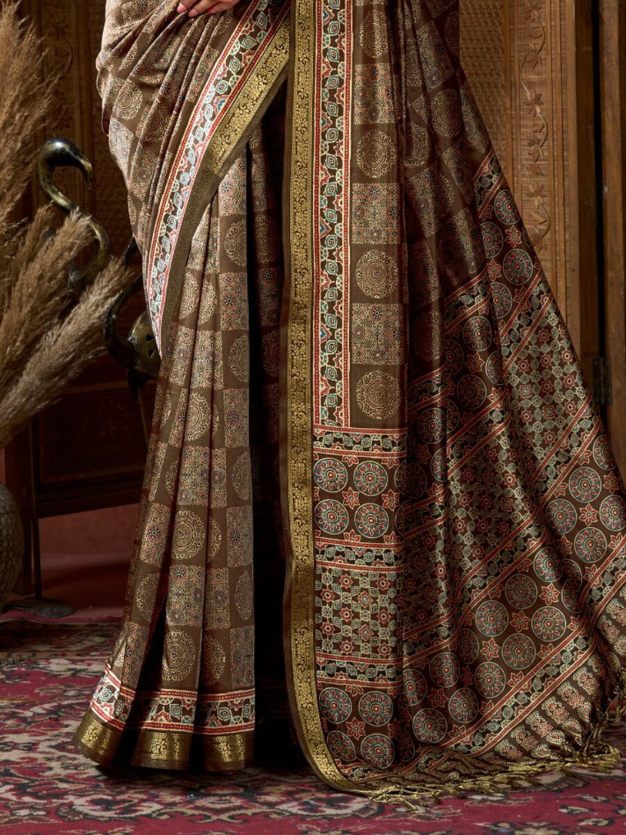 Brown Soft Crepe Silk Printed Wedding Reception Party Casual Heavy Border Sarees
