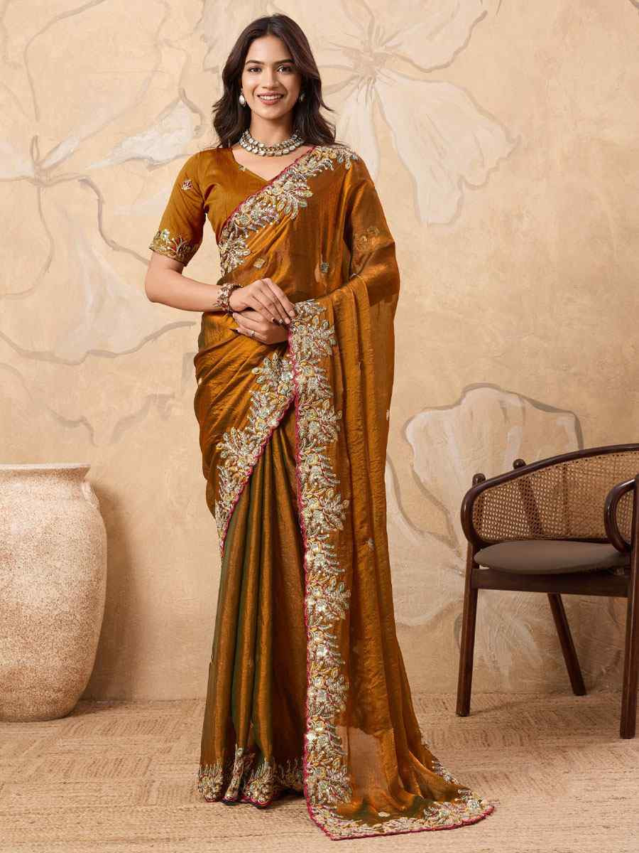 Brown Soft Fendy Chiffon Embroidery Bridal Reception Festival Wedding Fancy Heavy Border Saree
