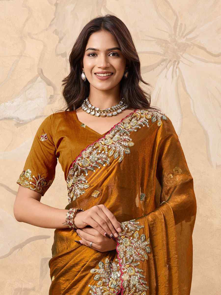 Brown Soft Fendy Chiffon Embroidery Bridal Reception Festival Wedding Fancy Heavy Border Saree