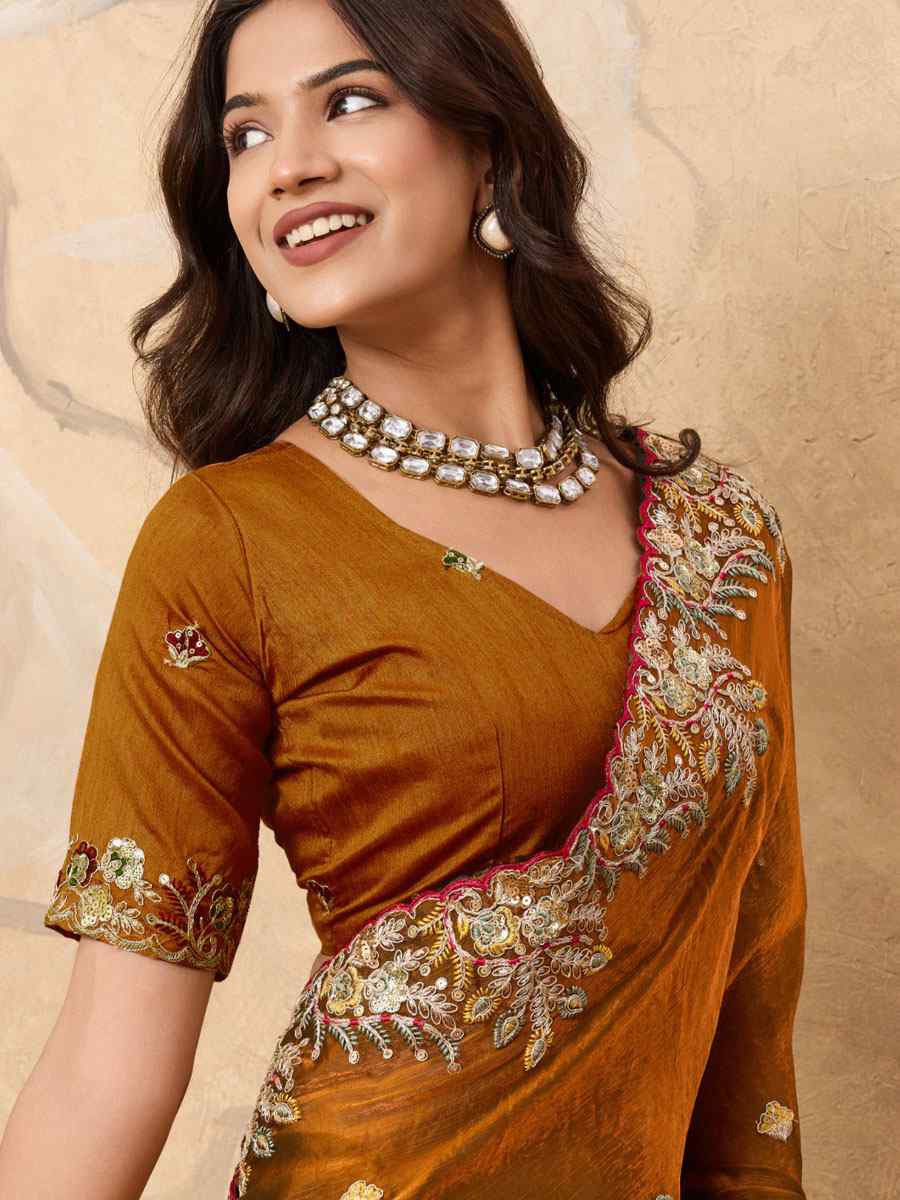 Brown Soft Fendy Chiffon Embroidery Bridal Reception Festival Wedding Fancy Heavy Border Saree