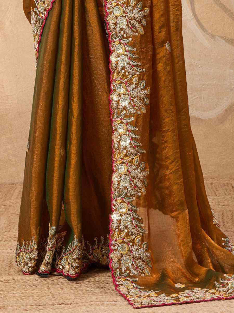Brown Soft Fendy Chiffon Embroidery Bridal Reception Festival Wedding Fancy Heavy Border Saree