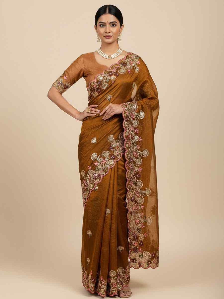 Brown Soft Fendy Chiffon Embroidery Handwoven Festival Wedding Fancy Heavy Border Saree
