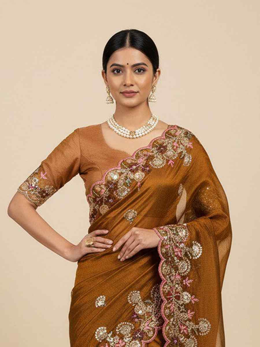 Brown Soft Fendy Chiffon Embroidery Handwoven Festival Wedding Fancy Heavy Border Saree