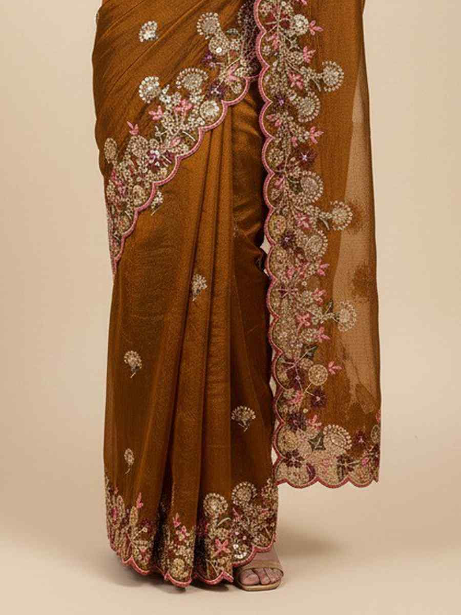 Brown Soft Fendy Chiffon Embroidery Handwoven Festival Wedding Fancy Heavy Border Saree