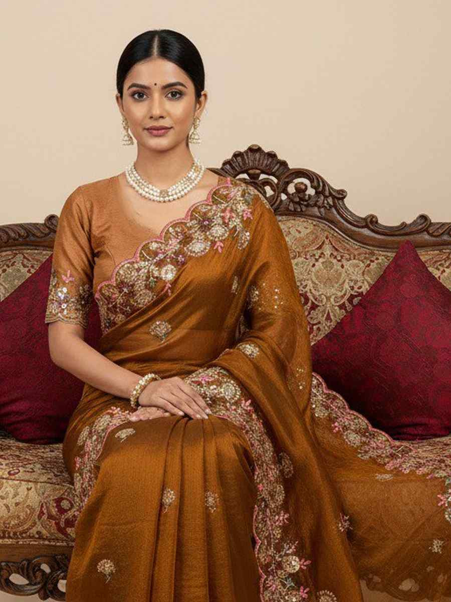 Brown Soft Fendy Chiffon Embroidery Handwoven Festival Wedding Fancy Heavy Border Saree