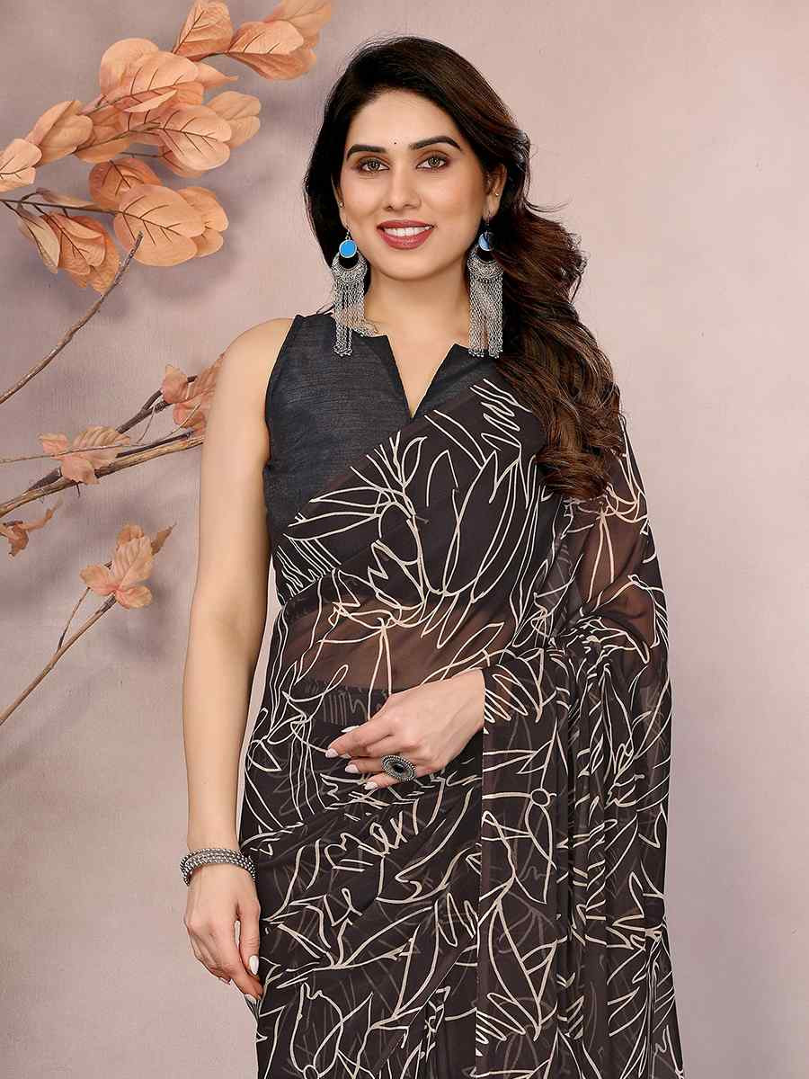 Brown Soft Georgette Printed Festival Casual Classic Style Saree