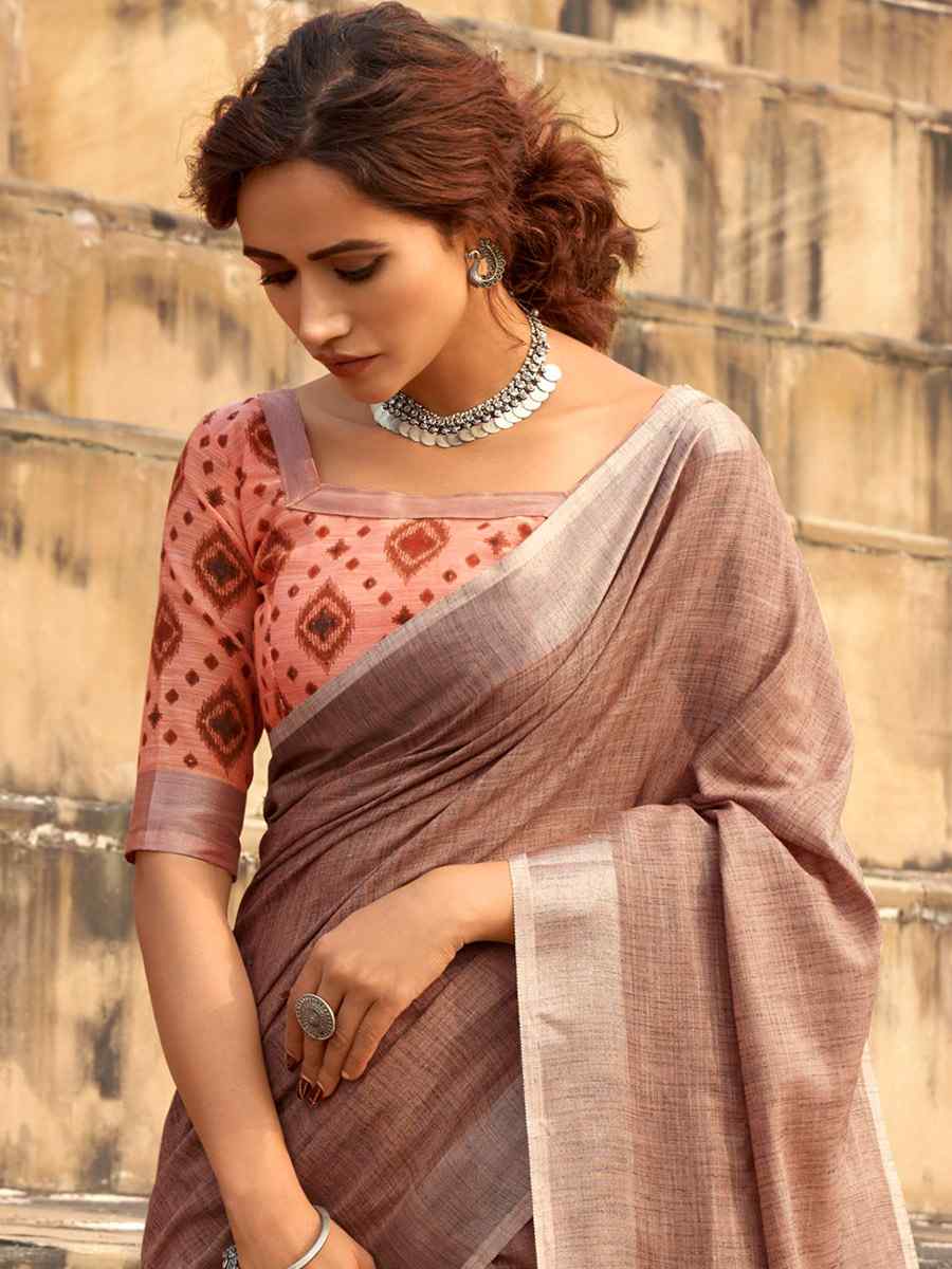 Brown Soft linen Silk Printed Casual Festival Contemporary Saree