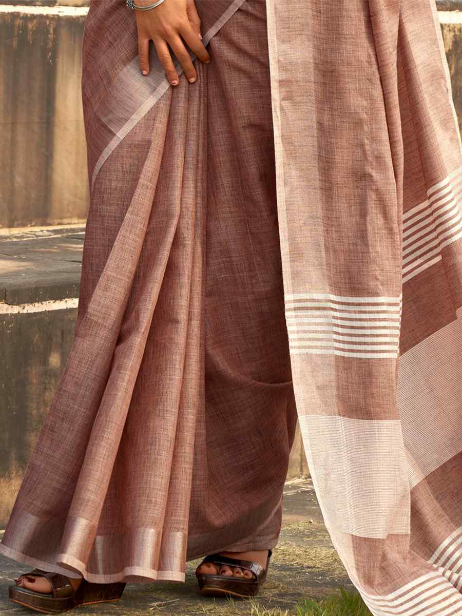 Brown Soft linen Silk Printed Casual Festival Contemporary Saree