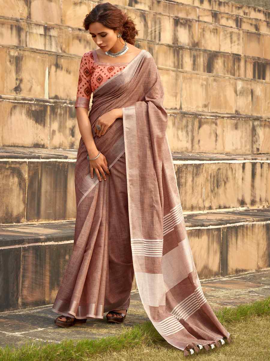 Brown Soft linen Silk Printed Casual Festival Contemporary Saree