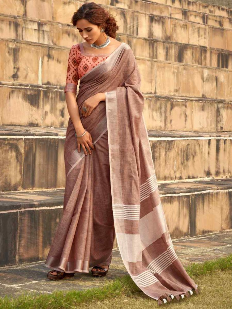 Brown Soft linen Silk  Printed Casual Festival Contemporary Saree