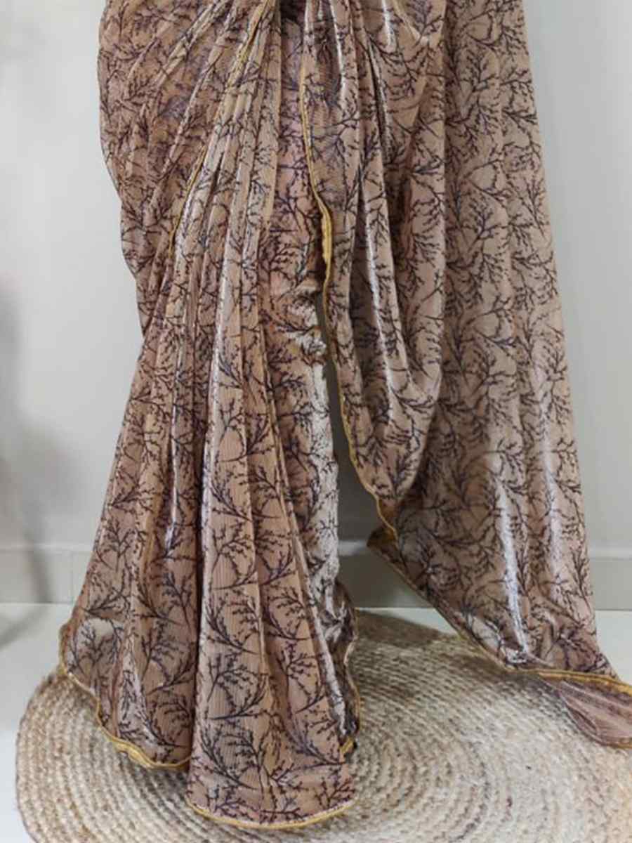 Brown Soft Net Printed Casual Festival Contemporary Saree