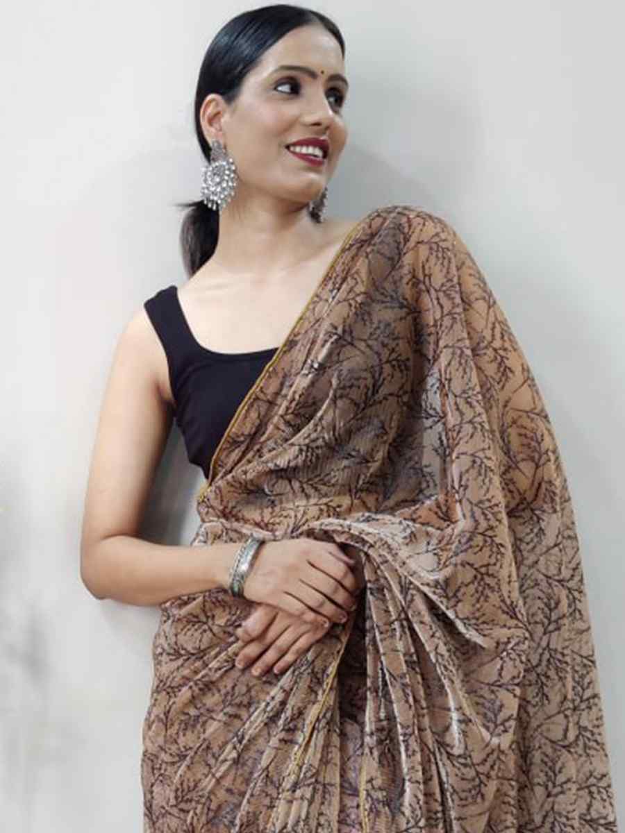 Brown Soft Net Printed Casual Festival Contemporary Saree