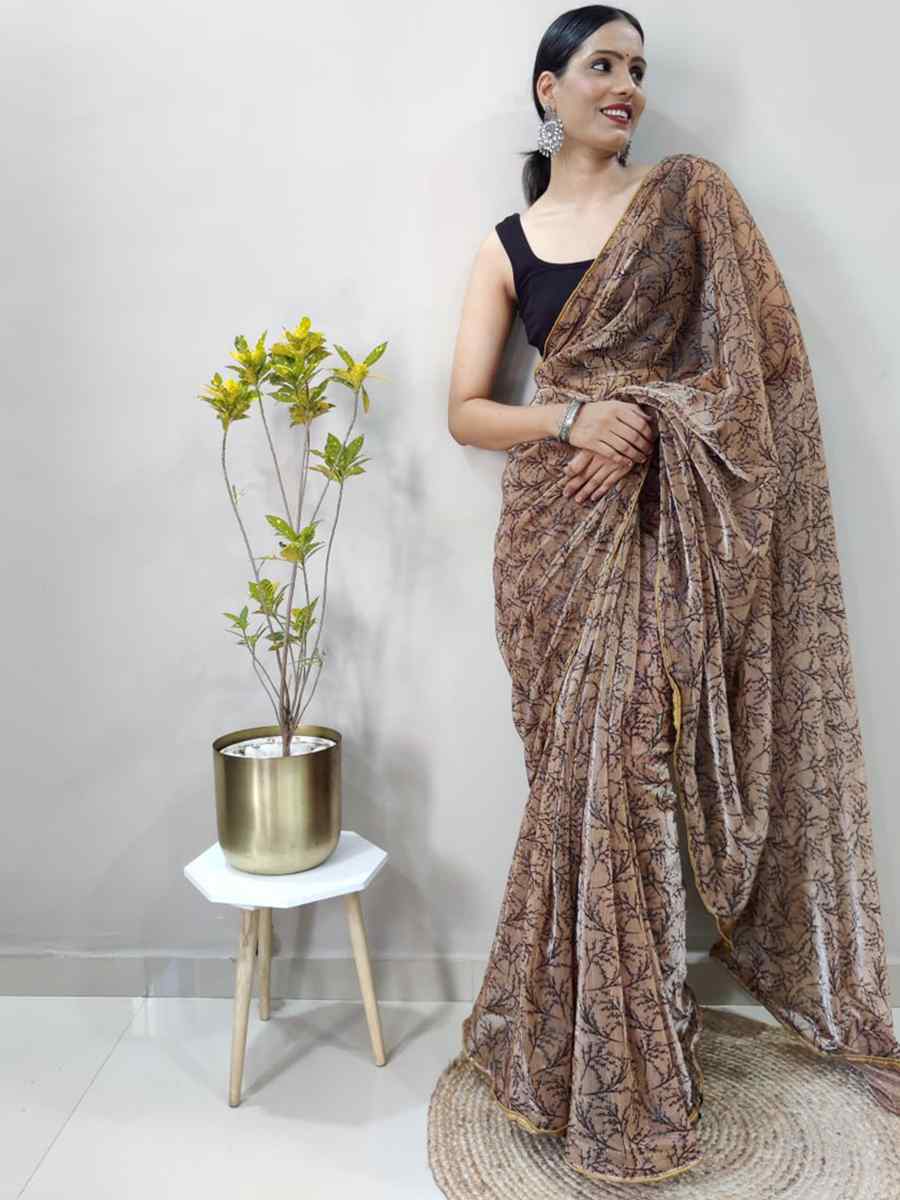 Brown Soft Net Printed Casual Festival Contemporary Saree