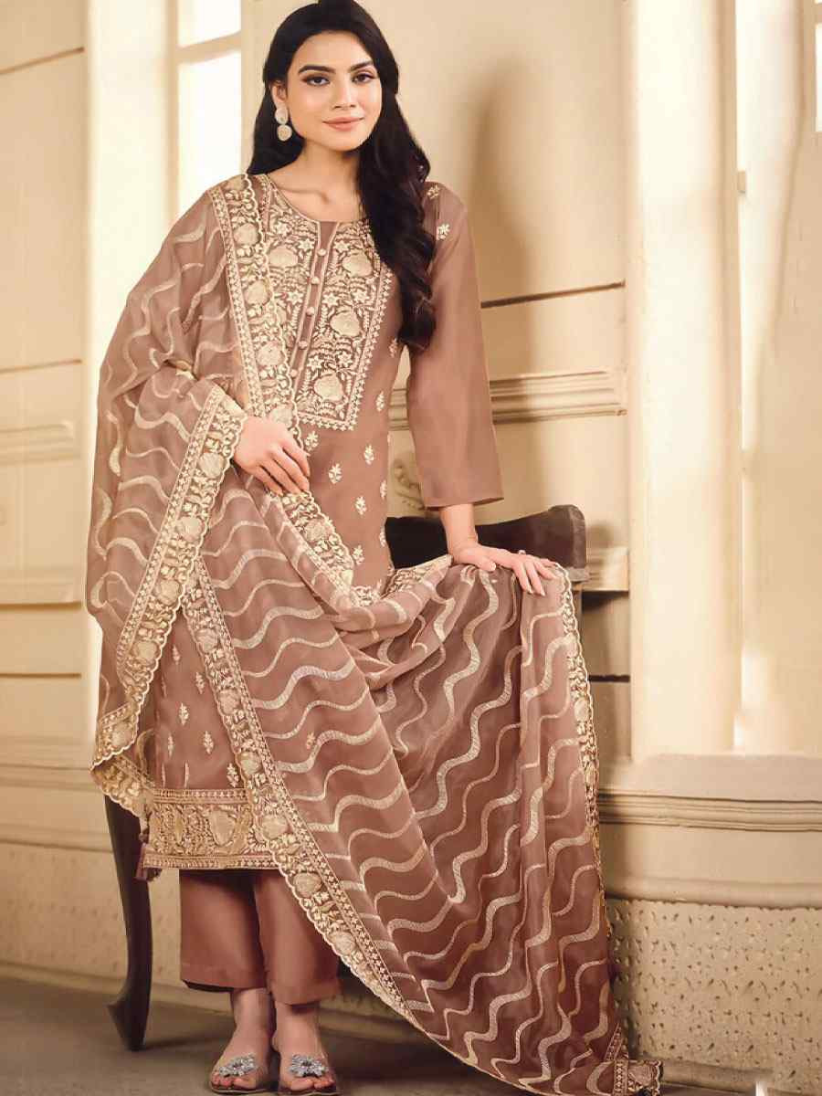 Brown Soft Organza Embroidered Festival Wedding Pant Salwar Kameez