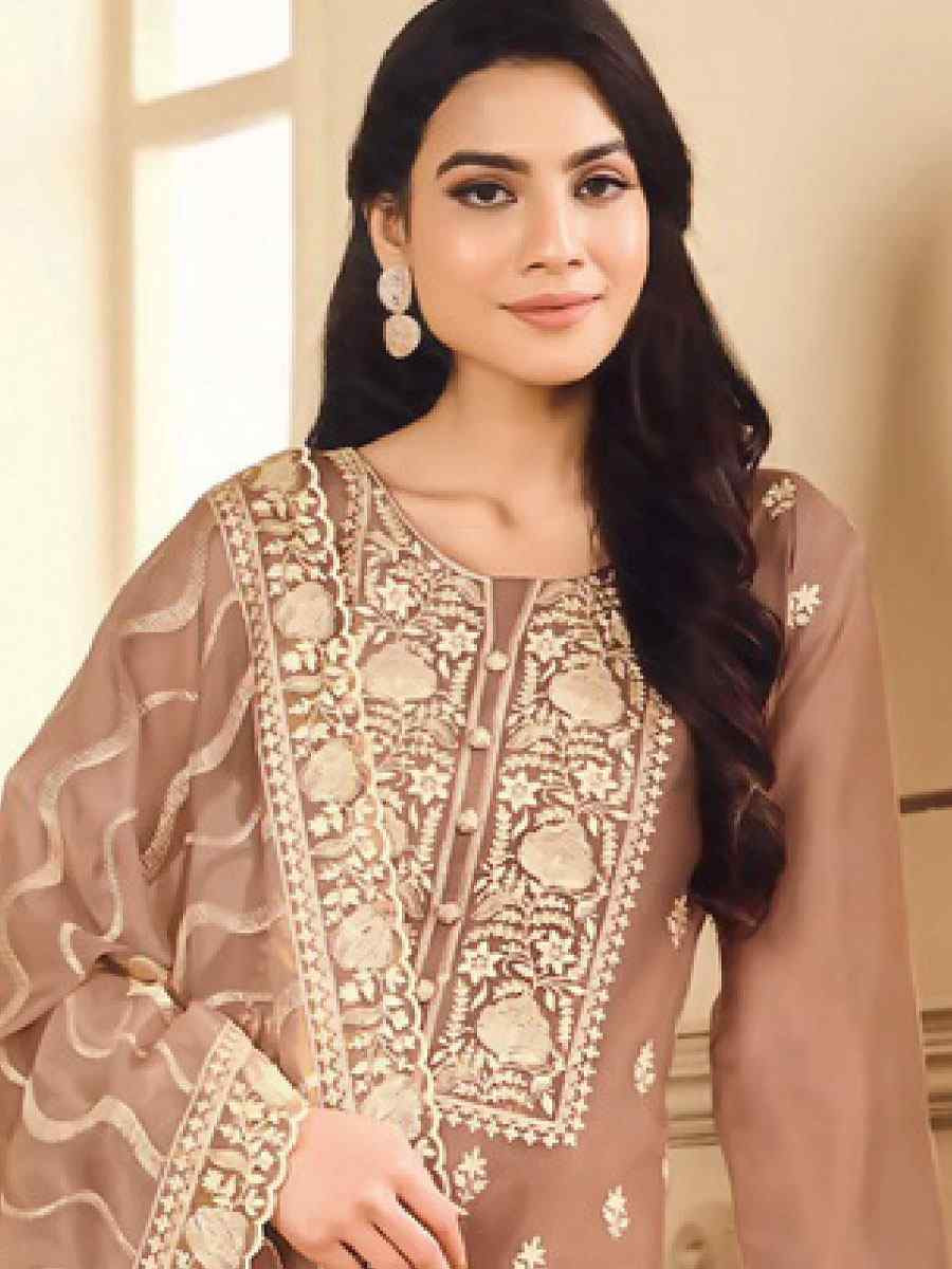 Brown Soft Organza Embroidered Festival Wedding Pant Salwar Kameez
