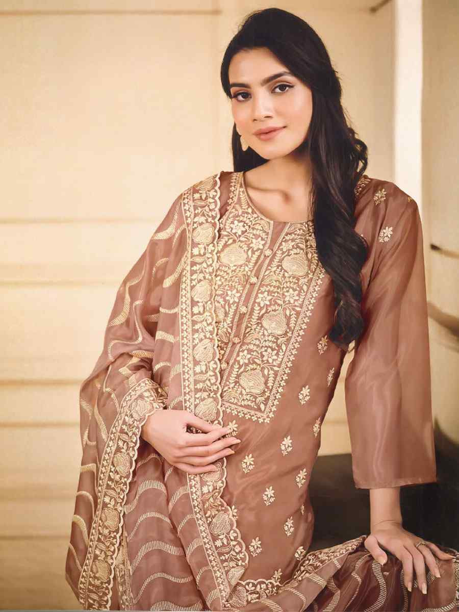 Brown Soft Organza Embroidered Festival Wedding Pant Salwar Kameez
