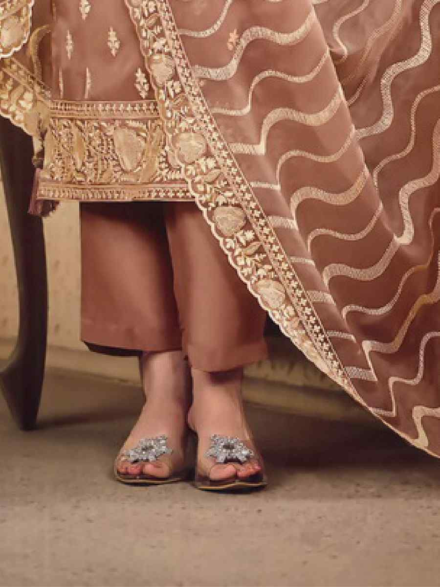 Brown Soft Organza Embroidered Festival Wedding Pant Salwar Kameez
