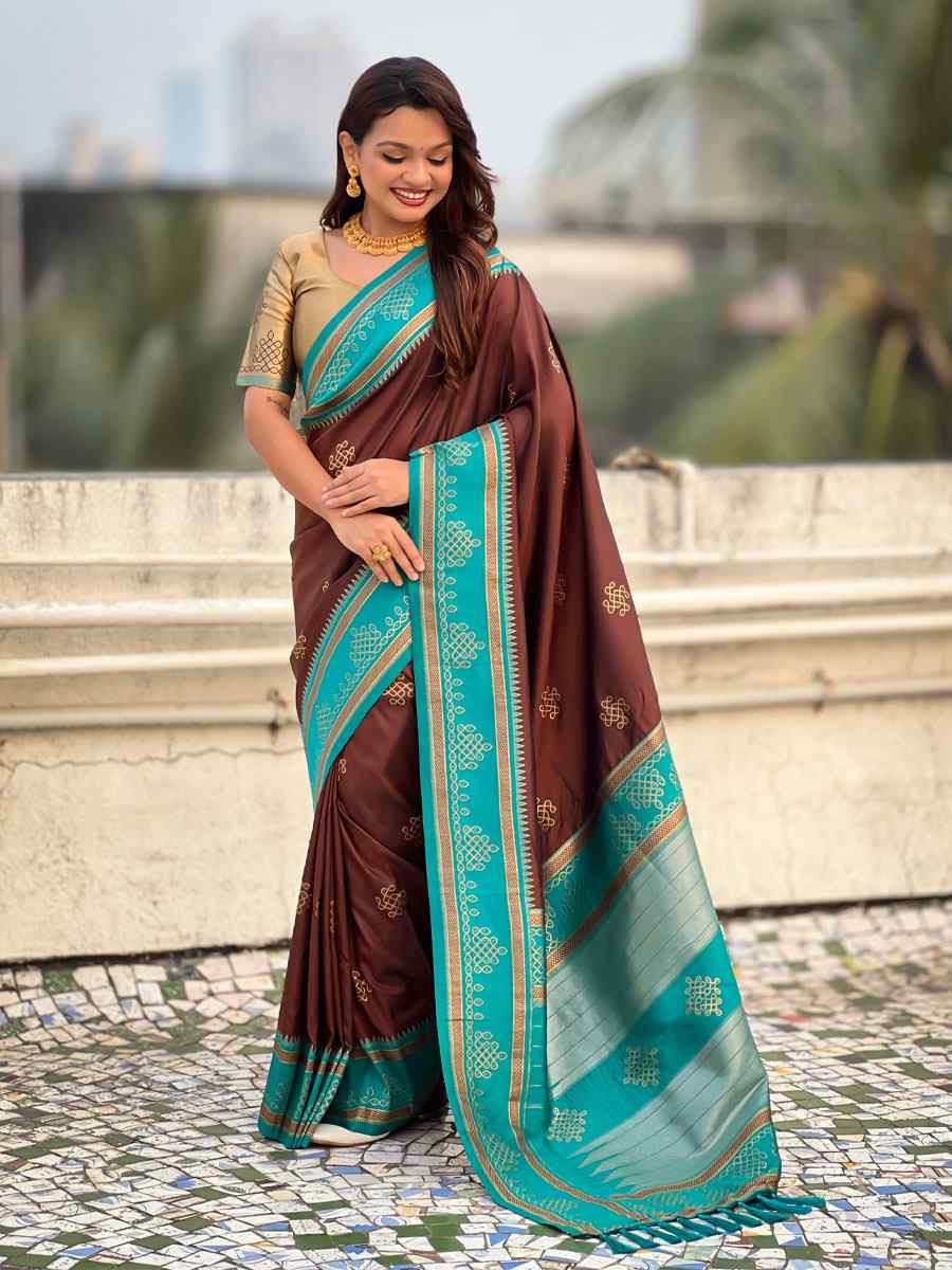 Brown Soft Silk Handwoven Casual Reception Festival Wedding Fancy Classic Style Sarees