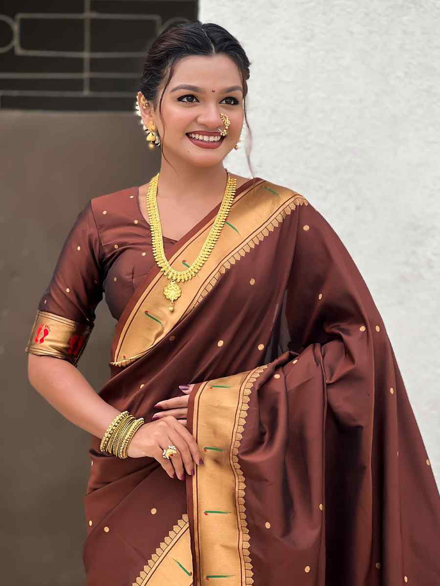 Brown Soft Silk Handwoven Casual Reception Festival Wedding Fancy Classic Style Sarees