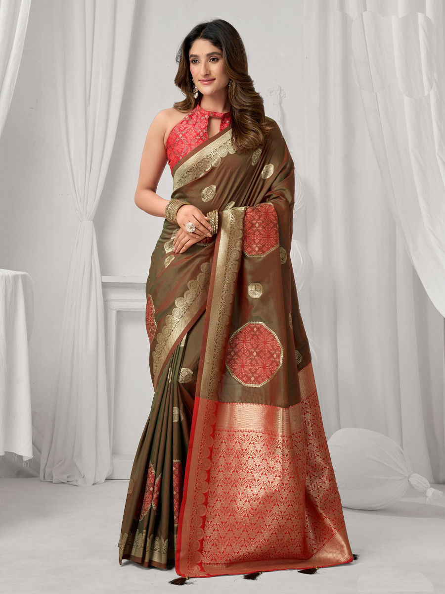 Brown Soft Silk Kanjivaram Zari Brocade Wedding Party Festival Heavy Border Sarees