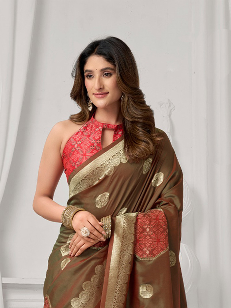 Brown Soft Silk Kanjivaram Zari Brocade Wedding Party Festival Heavy Border Sarees