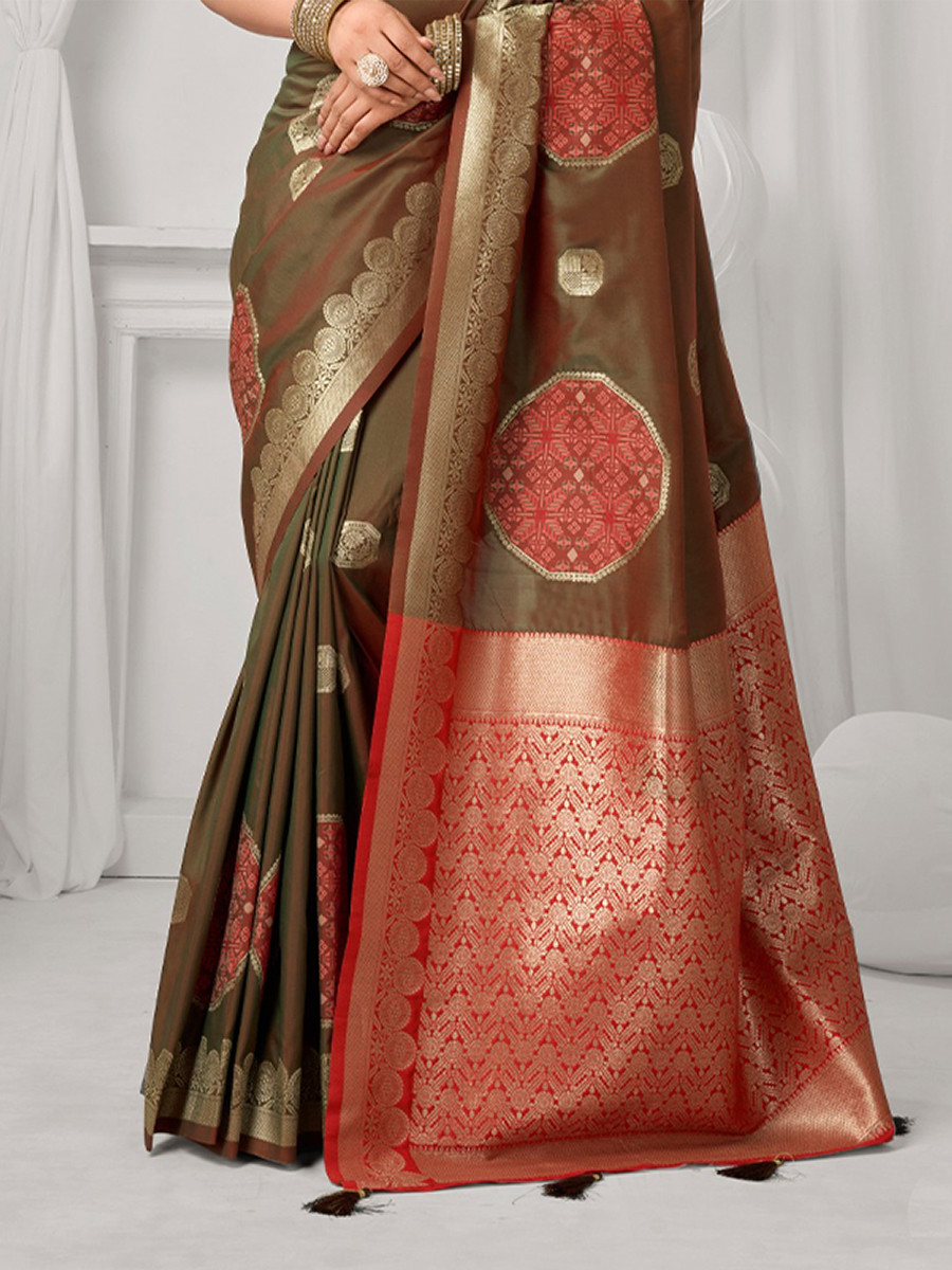Brown Soft Silk Kanjivaram Zari Brocade Wedding Party Festival Heavy Border Sarees