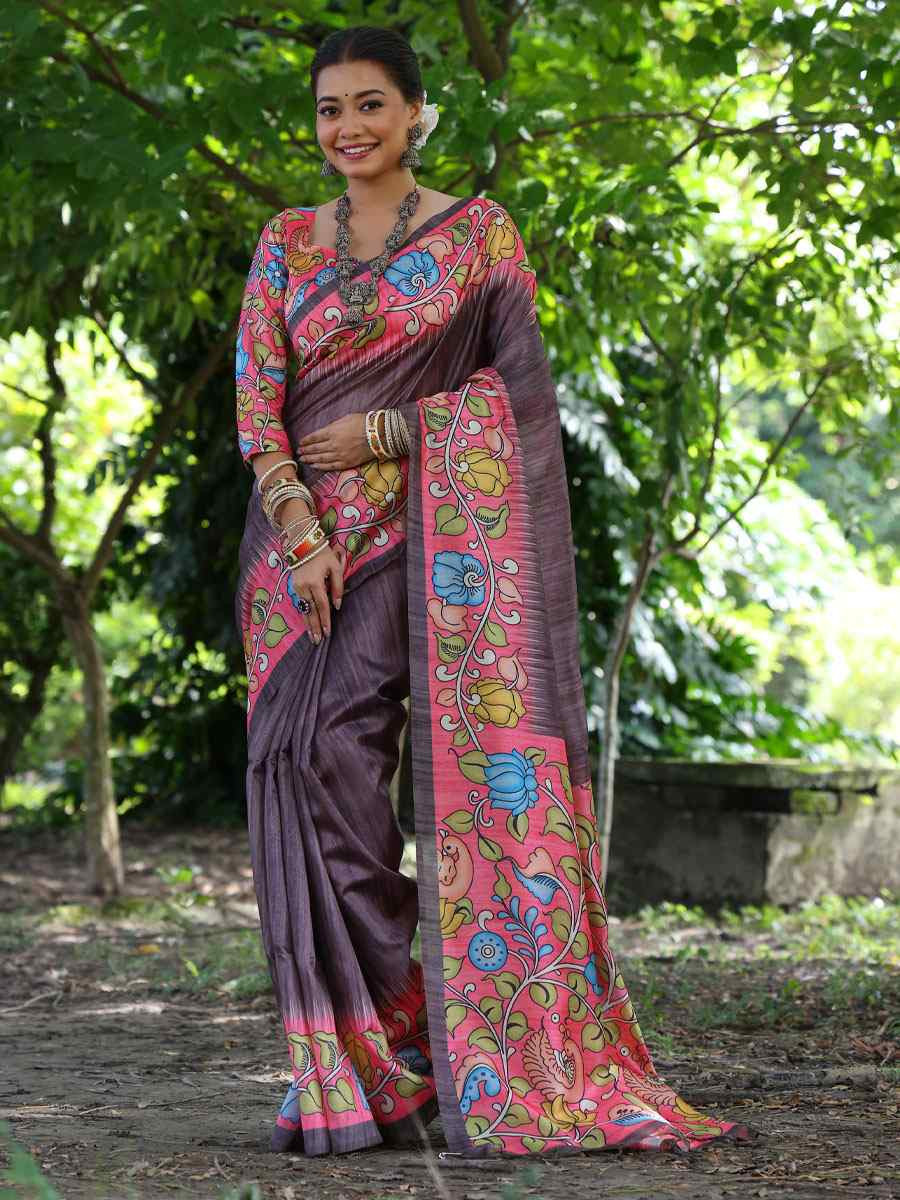 Brown Soft Tussar Silk Printed Casual Reception Festival Wedding Fancy Classic Style Sarees