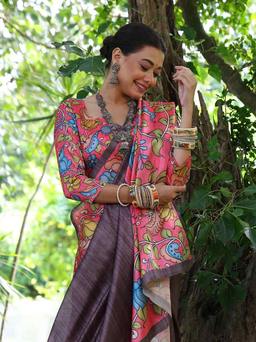 Brown Soft Tussar Silk Printed Casual Reception Festival Wedding Fancy Classic Style Sarees