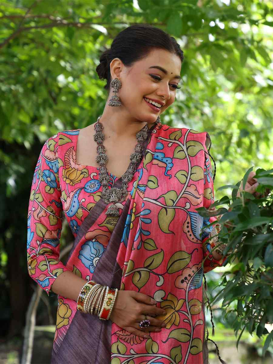 Brown Soft Tussar Silk Printed Casual Reception Festival Wedding Fancy Classic Style Sarees