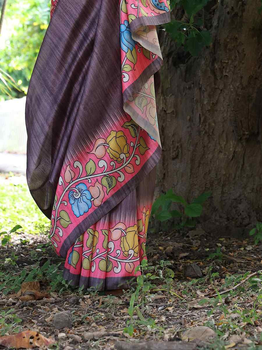 Brown Soft Tussar Silk Printed Casual Reception Festival Wedding Fancy Classic Style Sarees
