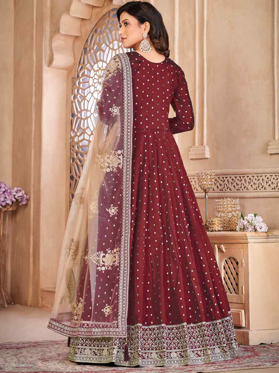 Brown Taffeta Butti Embroidered Party Wedding Anarkali Salwar Kameez