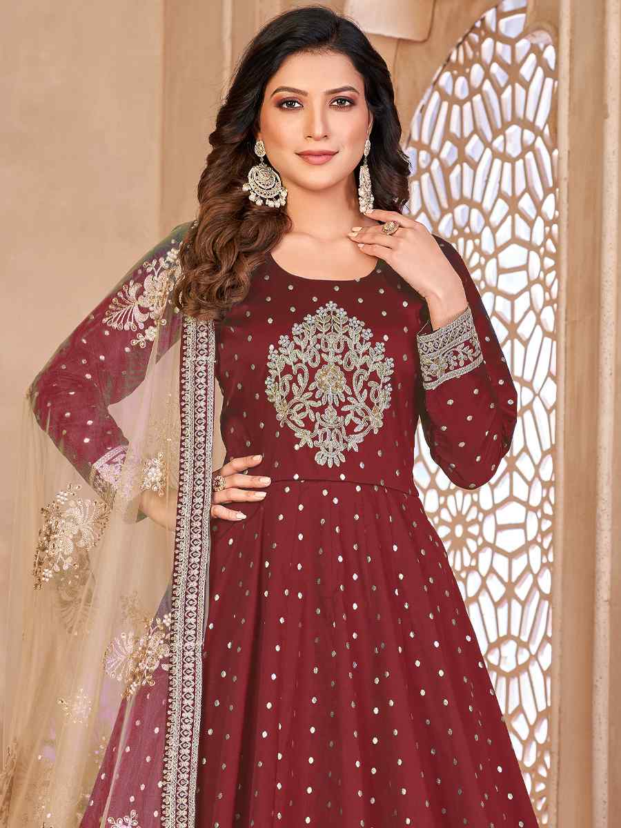 Brown Taffeta Butti Embroidered Party Wedding Anarkali Salwar Kameez
