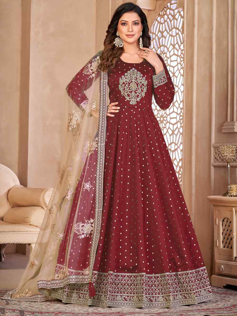 Brown Taffeta Butti Embroidered Party Wedding Anarkali Salwar Kameez