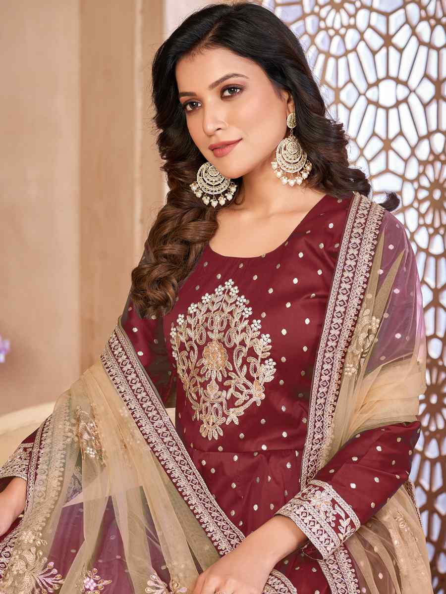 Brown Taffeta Butti Embroidered Party Wedding Anarkali Salwar Kameez