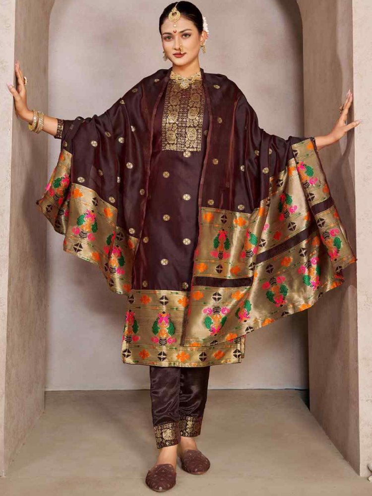 Brown Tapeta Silk Embroidered Casual Festival Pant Salwar Kameez