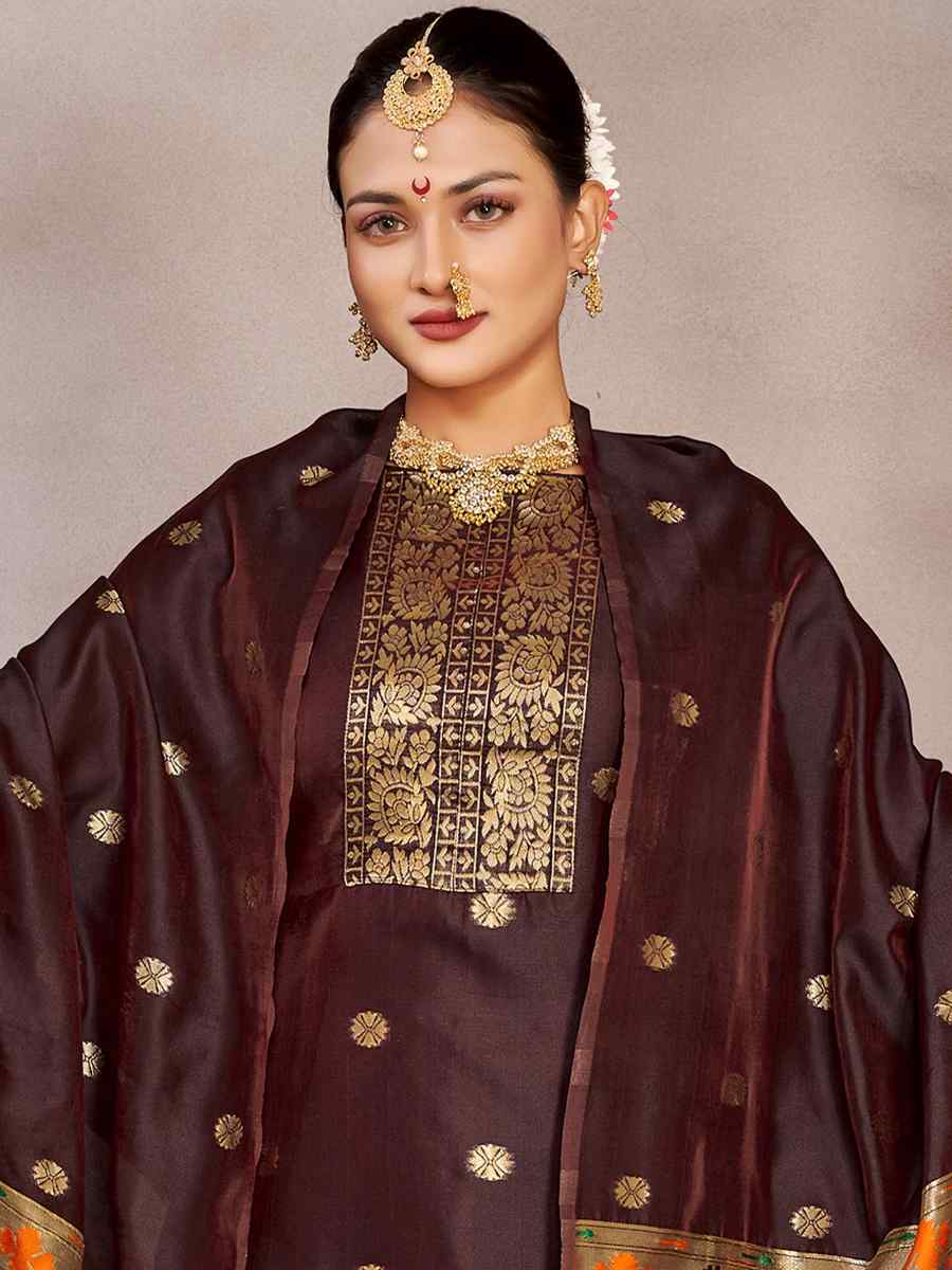 Brown Tapeta Silk Embroidered Casual Festival Pant Salwar Kameez