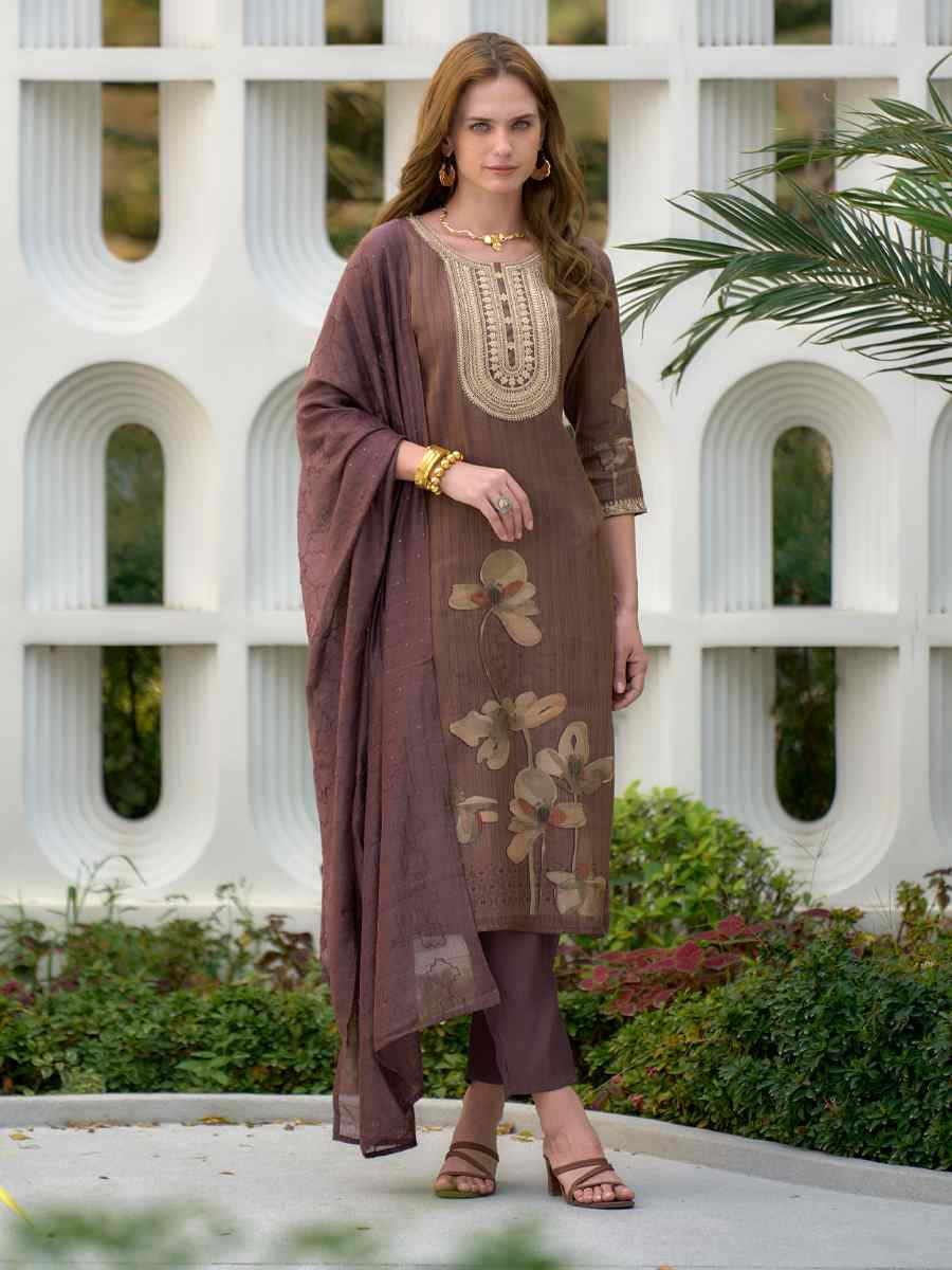 Brown Tissue Embroidered Party Wedding Ready Pant Salwar Kameez