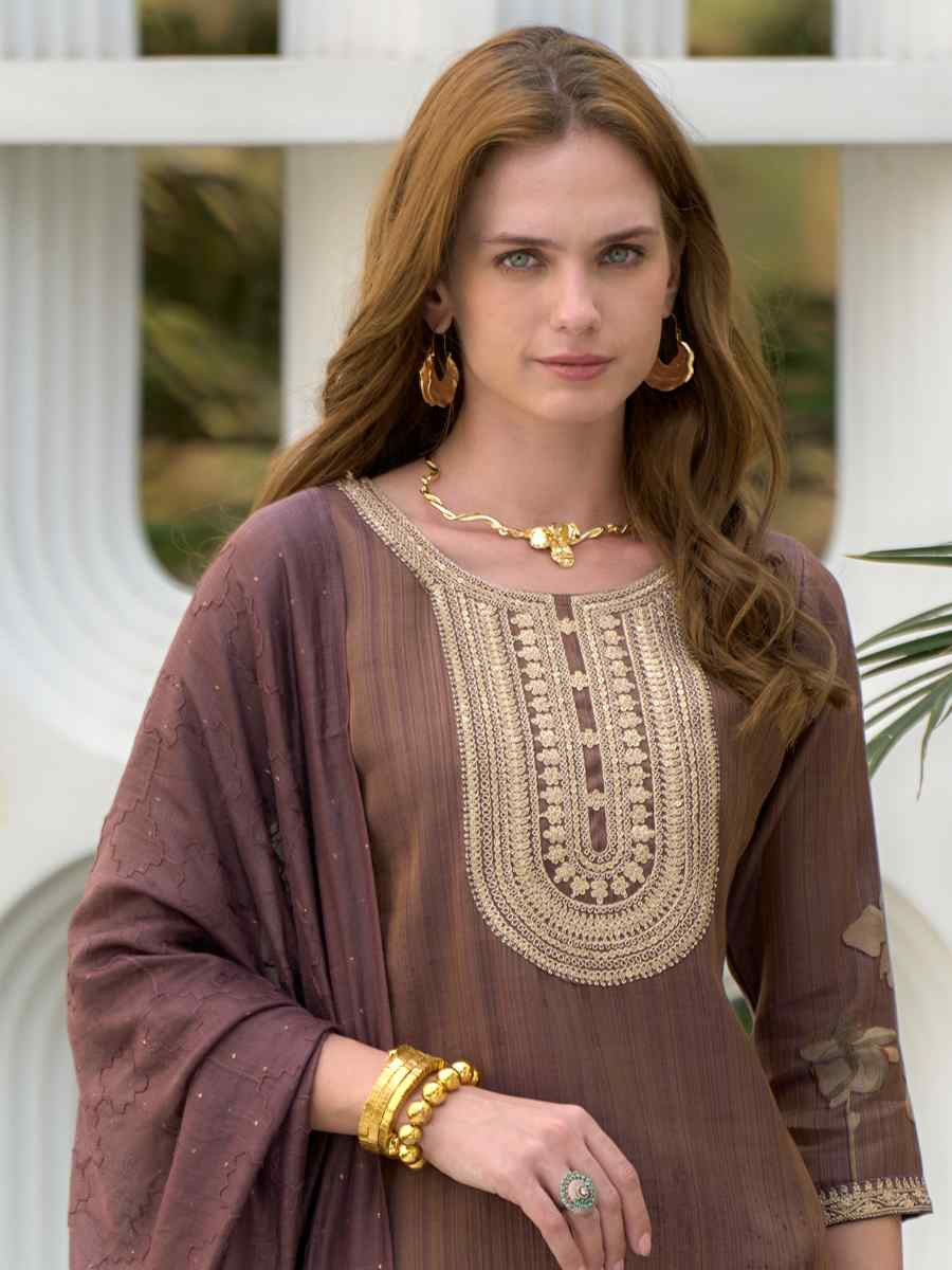 Brown Tissue Embroidered Party Wedding Ready Pant Salwar Kameez
