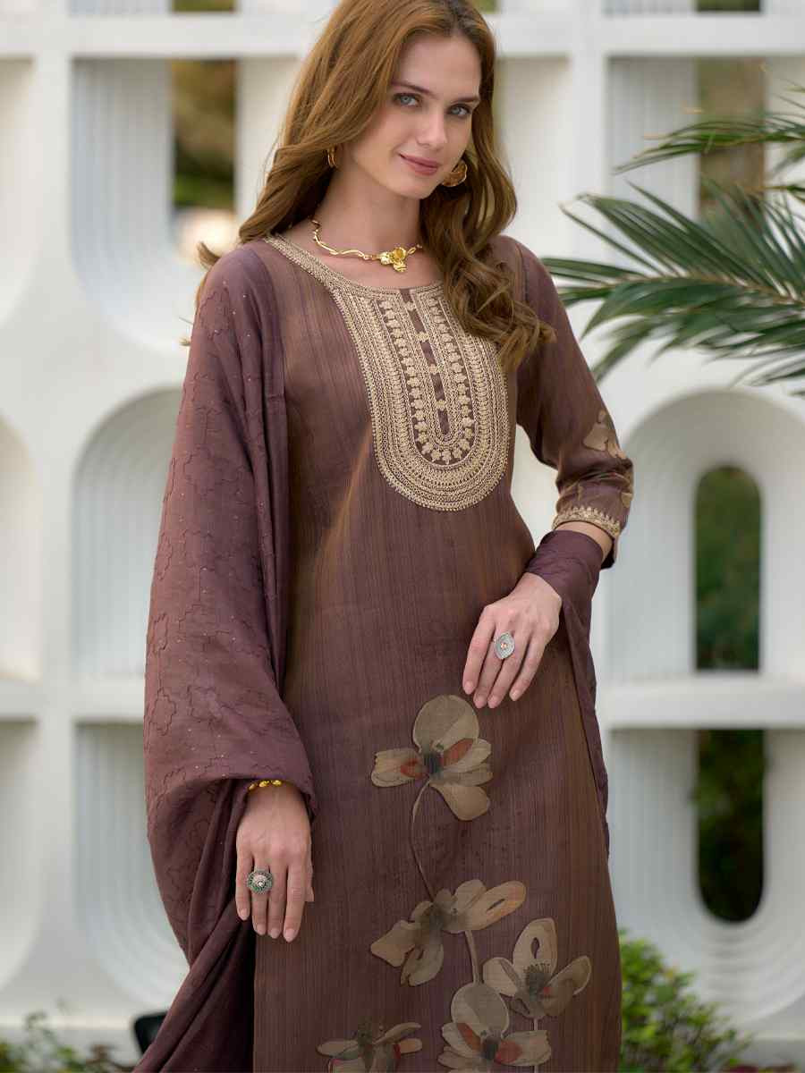 Brown Tissue Embroidered Party Wedding Ready Pant Salwar Kameez