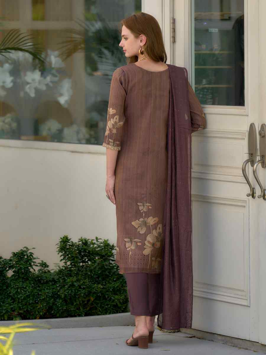 Brown Tissue Embroidered Party Wedding Ready Pant Salwar Kameez